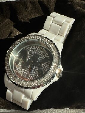 Michael Kors White Ceramic-Link Watch with Silver Caseback